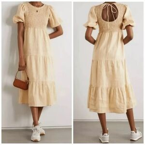 FAITHFULL THE BRAND Alberte Puff Sleeve Smock Midi Dress USA 6 Size M LINEN